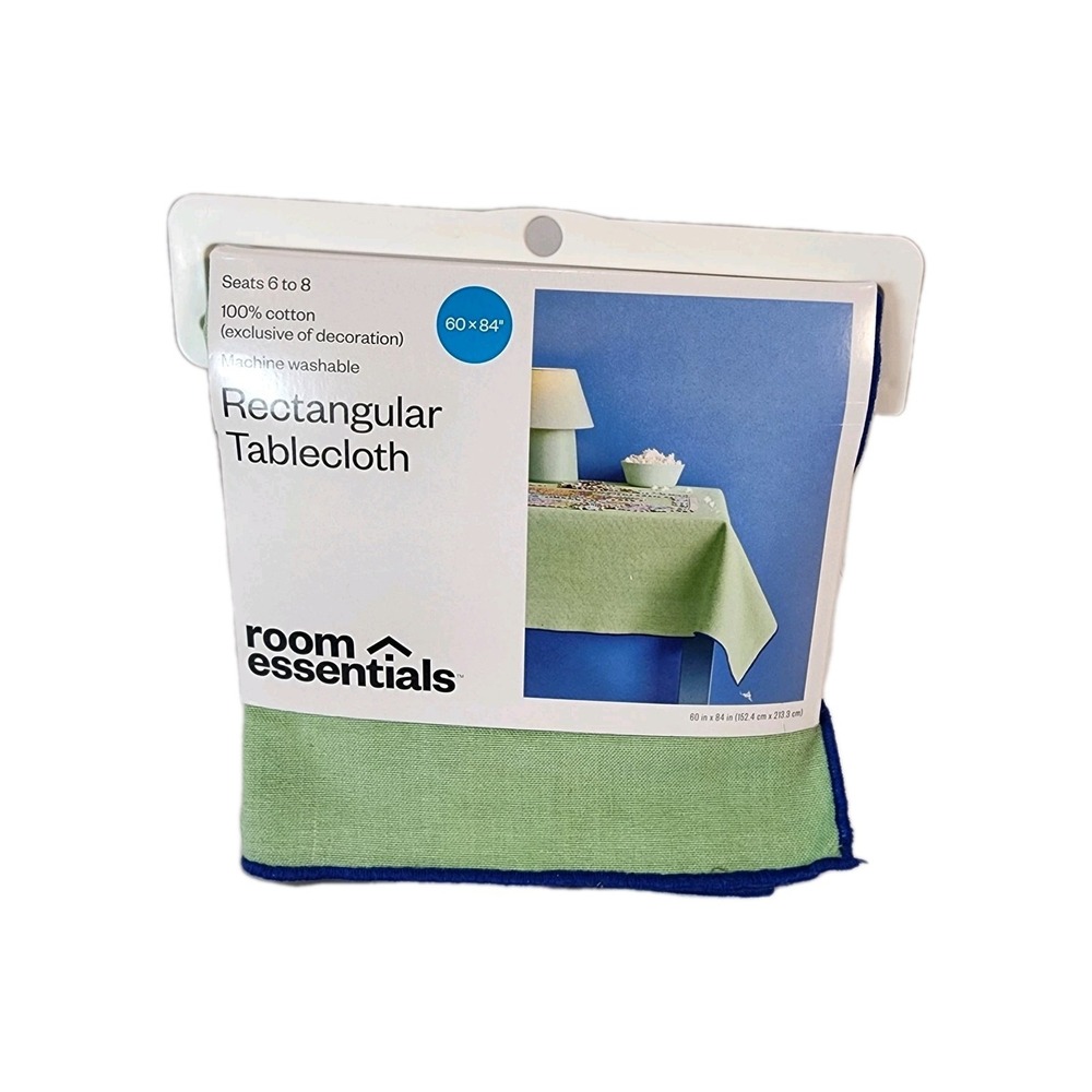 Room Essentials Rectangular Tablecloth Green Blue Trim 100% Cotton 60 X 84 New